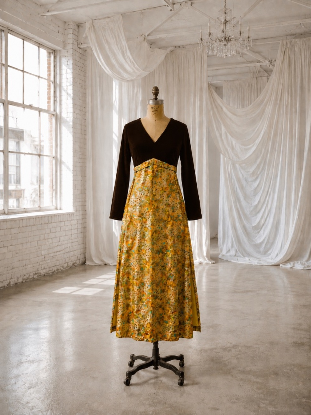 Vintage 1970s Brown Velvet Gold Lame Psychedelic Floral Maxi Party Dress XS / S
